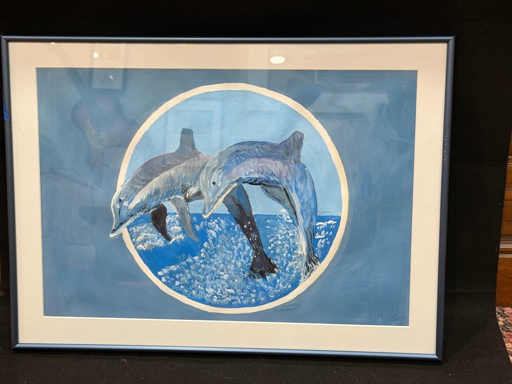 Maria Kallirroi Original Folk Art Dolphins Painting — Two Dolphins Leaping, Sign
